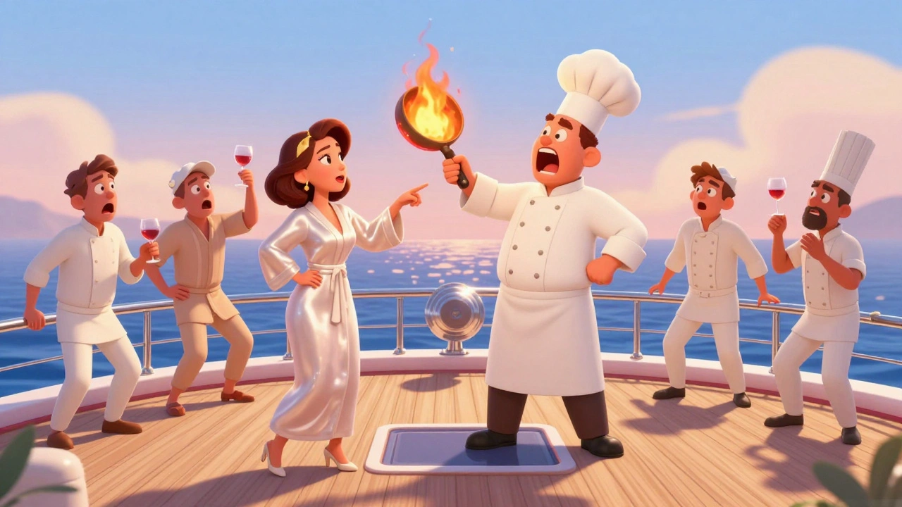 Dramatic yacht crew and guests in a chaotic kitchen scene with flaming pan.