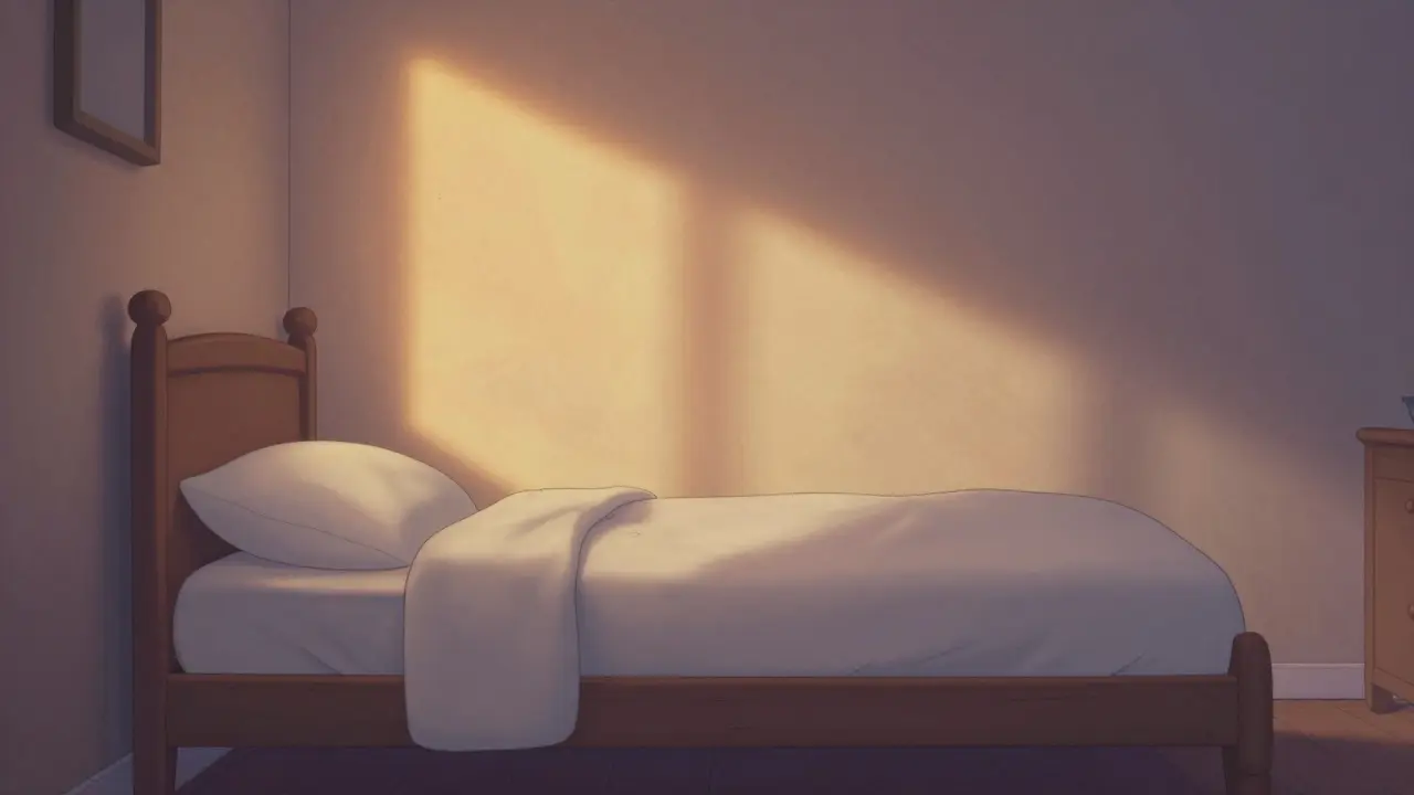 Empty bed with fading light on the wall, quiet atmosphere of grief, Pixar style