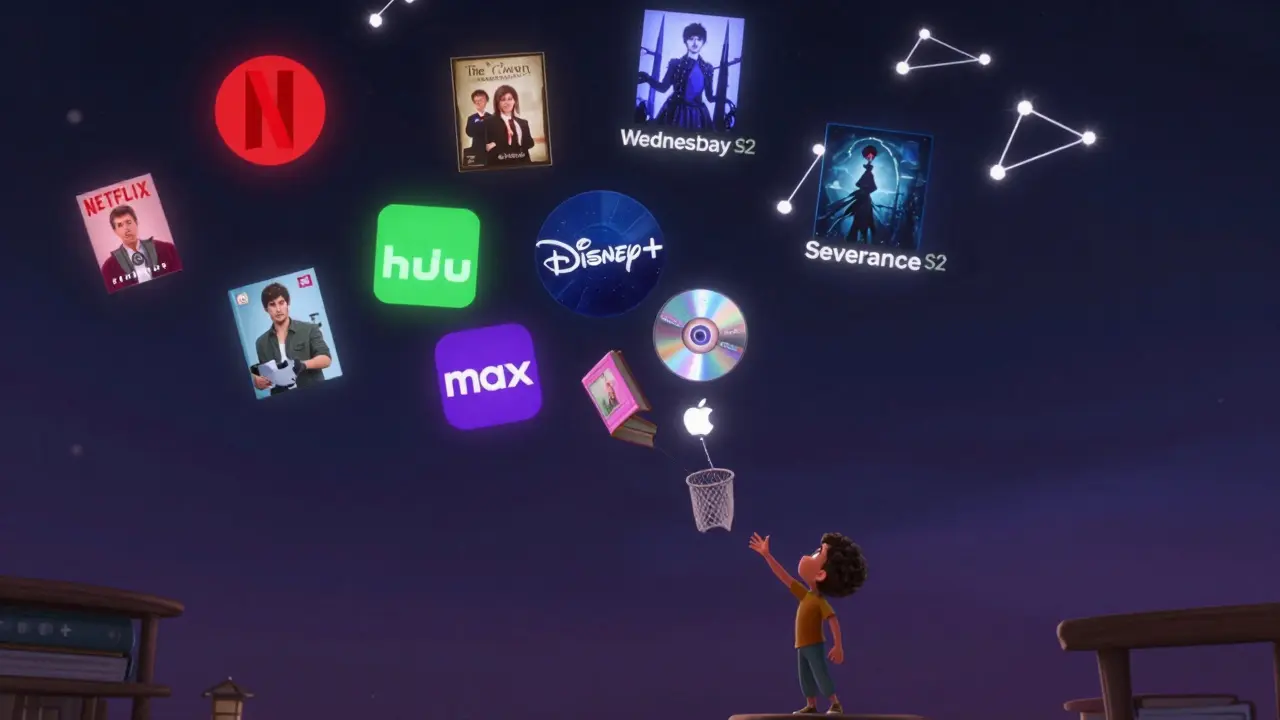 Floating streaming service logos in the sky, with classic shows drifting away and new ones rising.