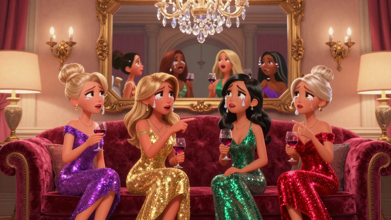 Four Real Housewives crying dramatically on a velvet sofa with wine glasses.