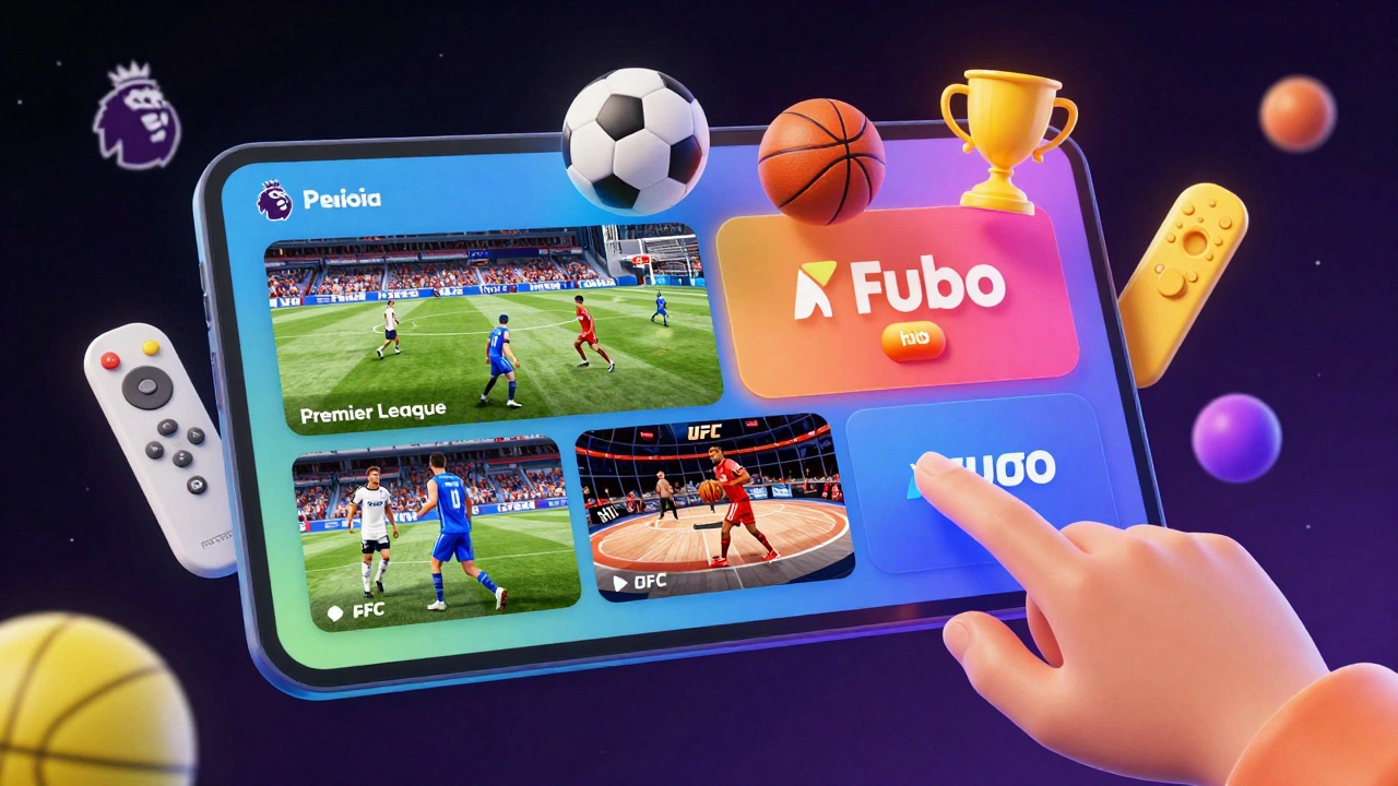 Fubo app interface showing live sports feeds—soccer, basketball, and UFC—with animated notifications floating around.