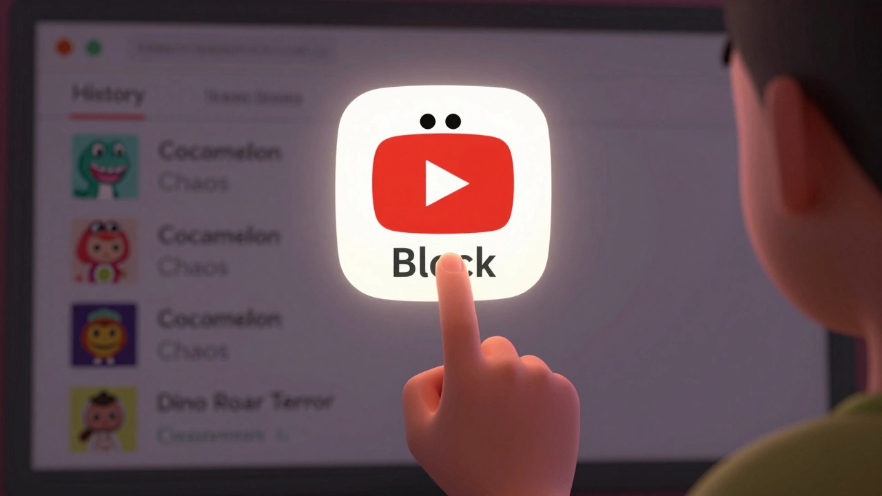 Hand blocking a sinister cartoon dinosaur channel, with suspicious channel names visible in the background.