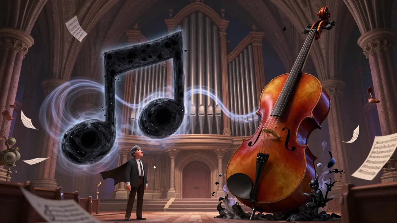 Hans Zimmer's dark, pulsing score fills a giant church with sound waves and Batman's silhouette.