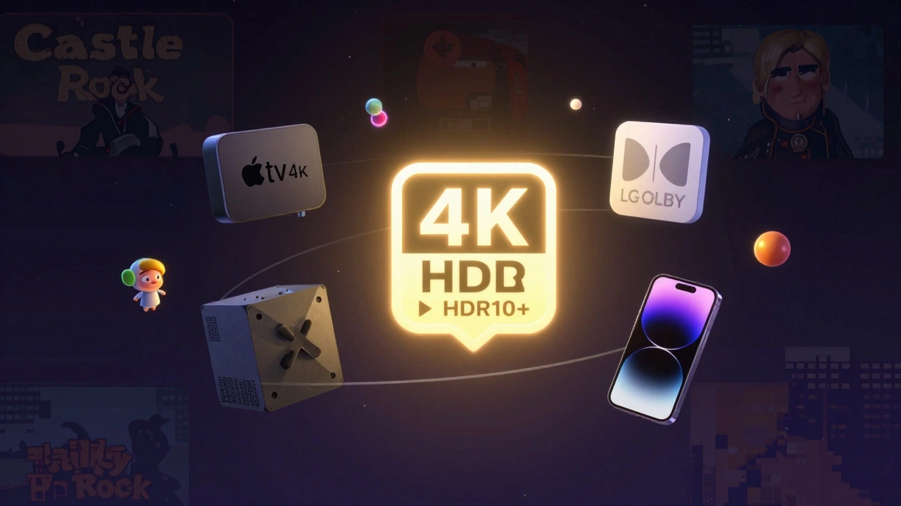 Hulu 4K HDR badge with supported devices glowing around it, HD titles fading away in Pixar style.
