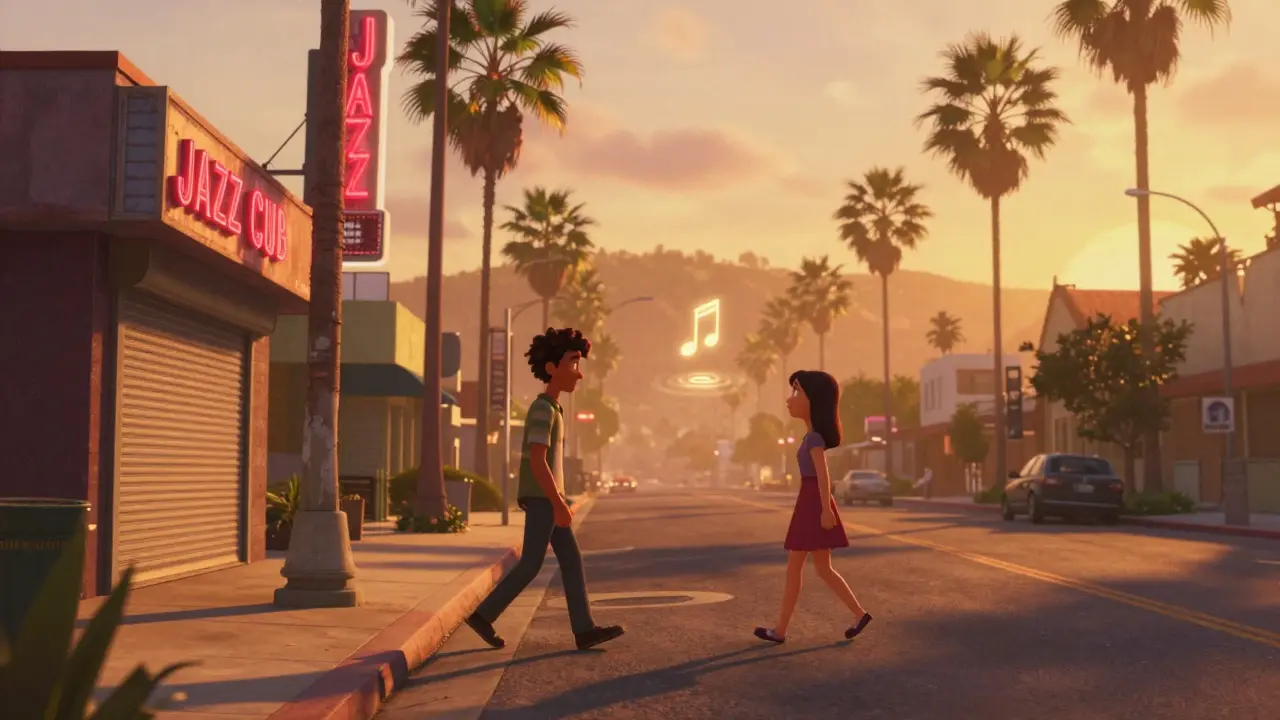 Mia and Sebastian pass each other on a sunlit LA street, eyes meeting briefly.