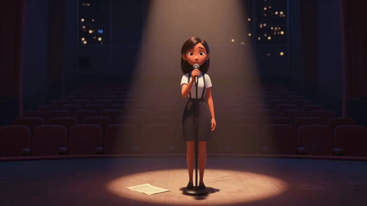 Mia singing alone on a stage with a single spotlight in an empty theater.