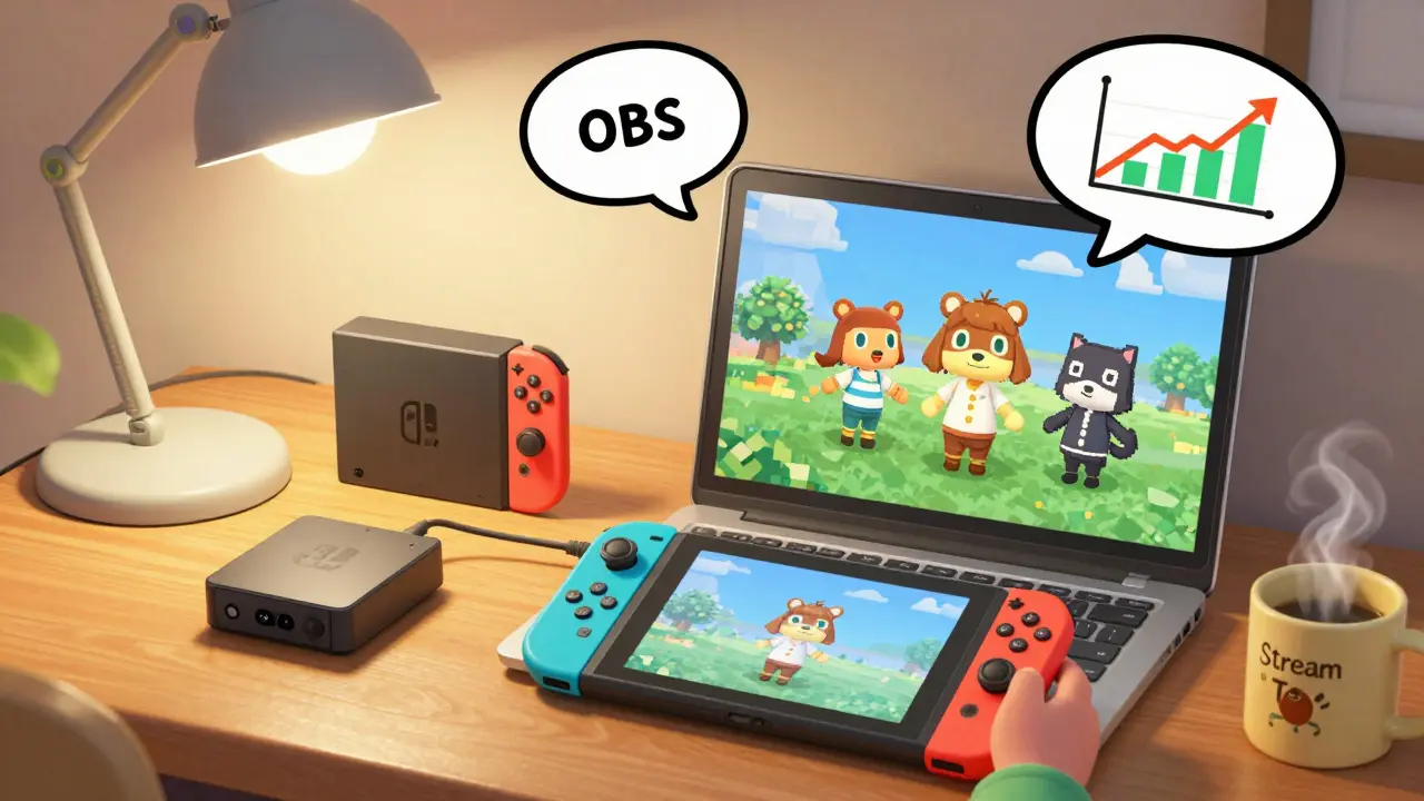 Nintendo Switch streaming via capture card with Animal Crossing on laptop in Pixar style.