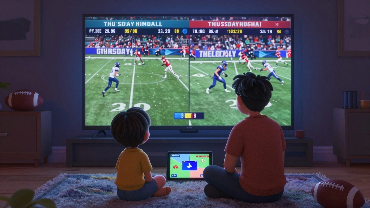 Parent and child watching two NFL games at once on a smart TV using multi-view mode.