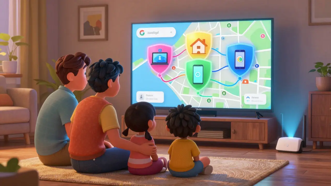 Parents help children set up a TV profile, with glowing safety shields connecting all home devices.