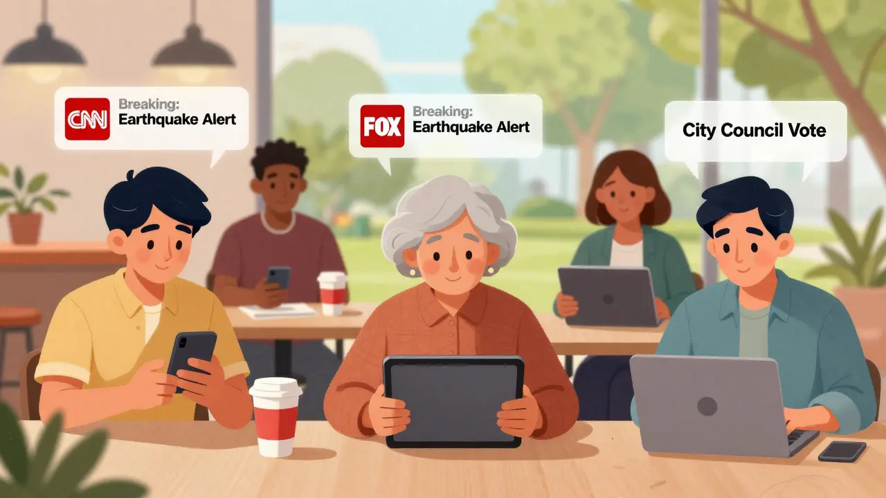 People in different locations watching live news streams on phones, tablets, and laptops