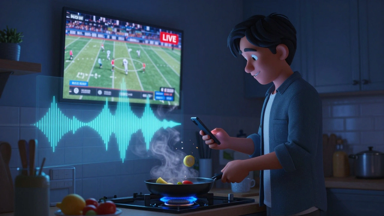 Person cooking in kitchen while listening to NFL radio feed and watching game on TV.