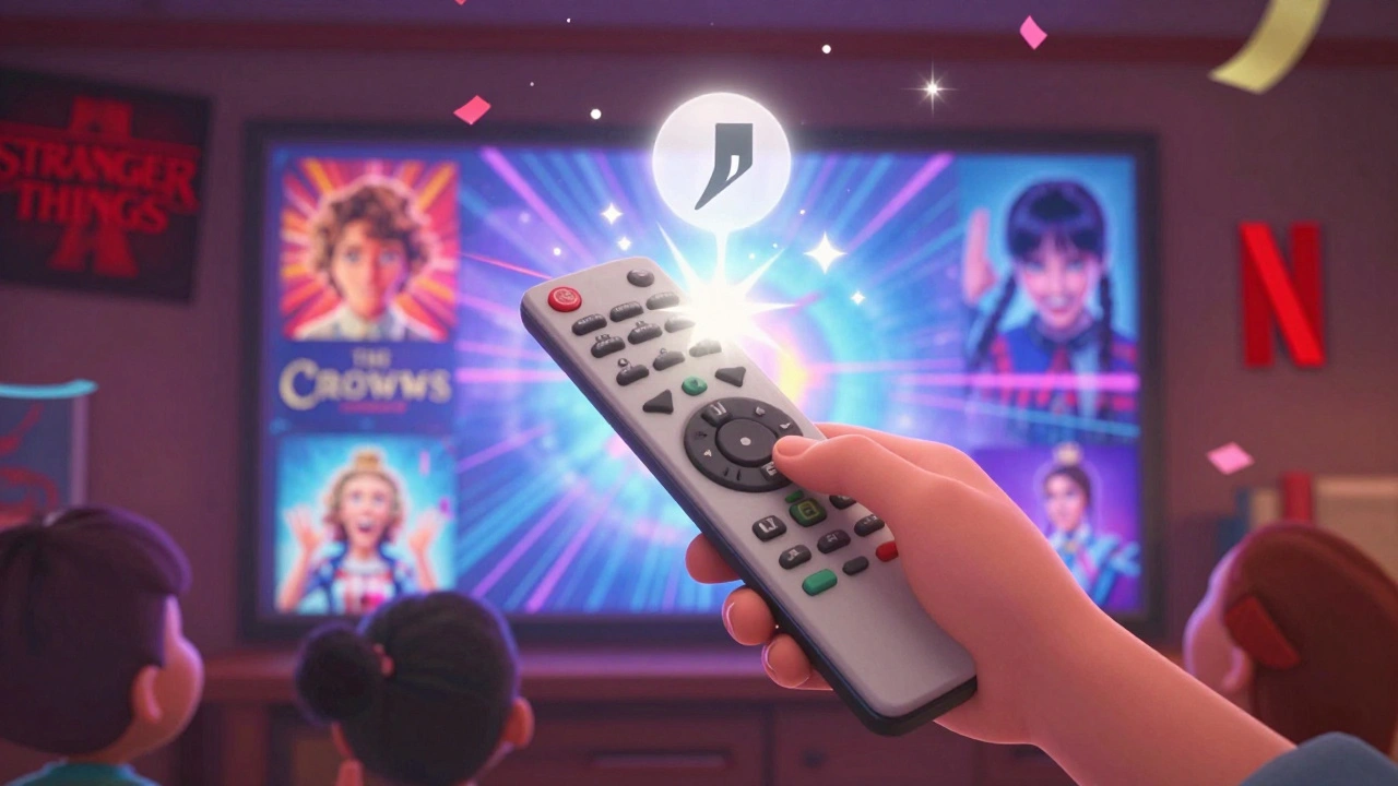 Remote control skipping Netflix intro with sparkles and show logos in the background.