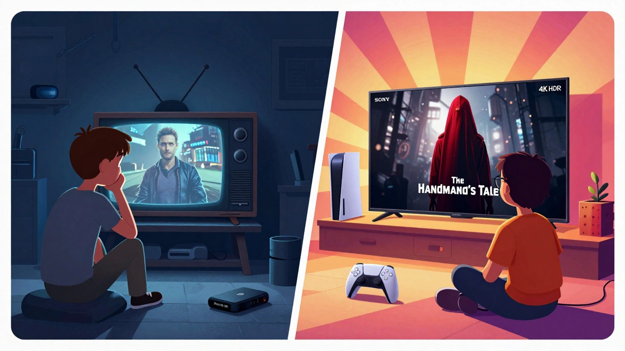 Side-by-side: boring HD viewing vs. vibrant 4K HDR streaming with modern devices in Pixar style.