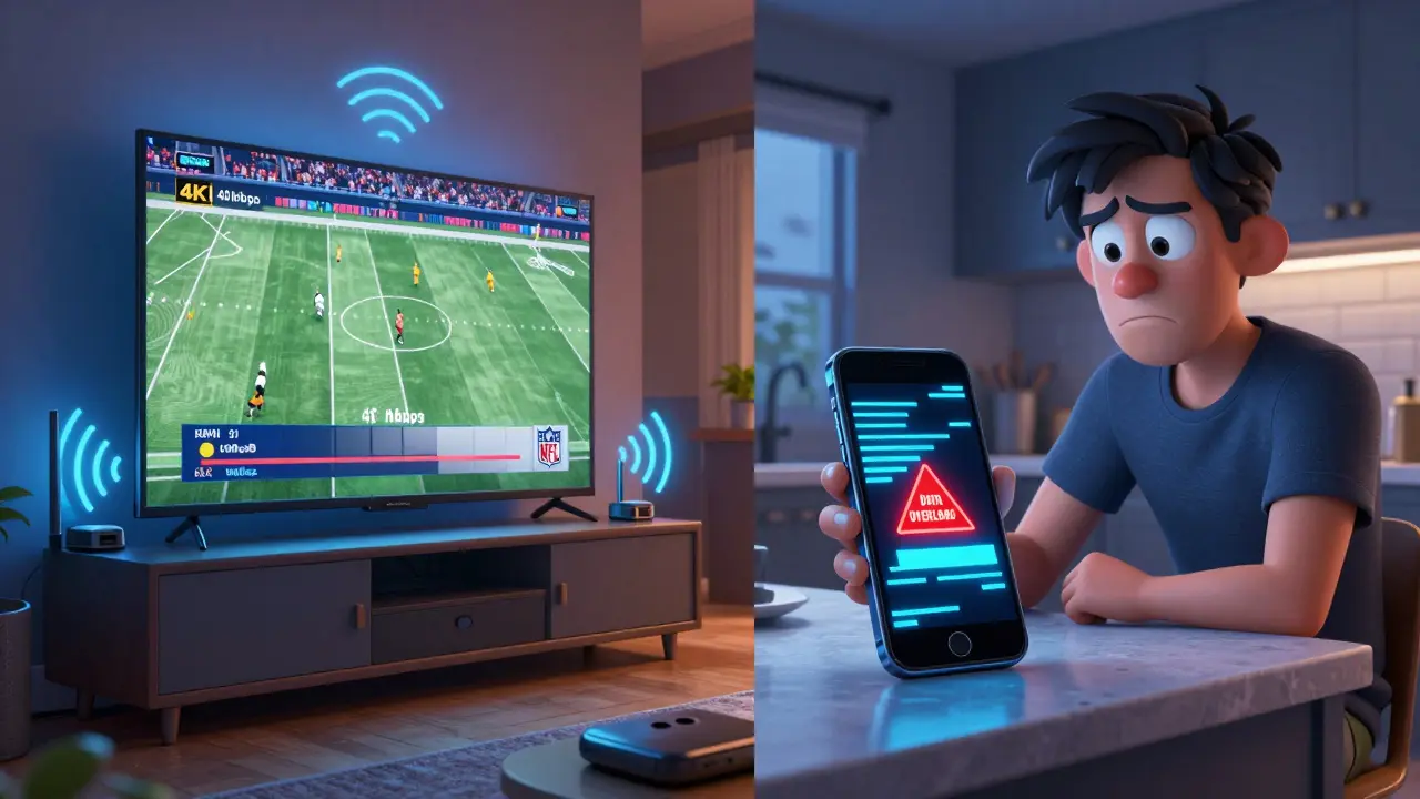 Split scene: smooth 4K streaming on a wired TV vs. a buffering phone with a data overload warning.