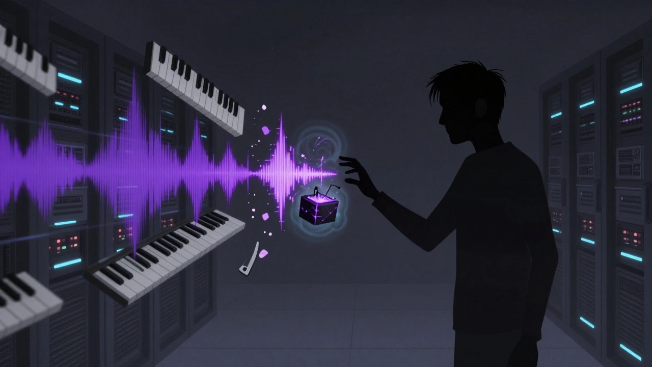 Trent Reznor in a server room surrounded by glitching piano keys and digital ghosts, cold and silent.