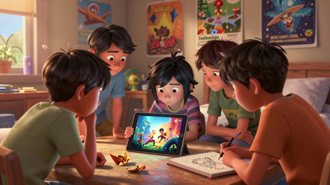 Tweens watch Avatar: The Last Airbender together, one sketching characters in a sunlit bedroom.