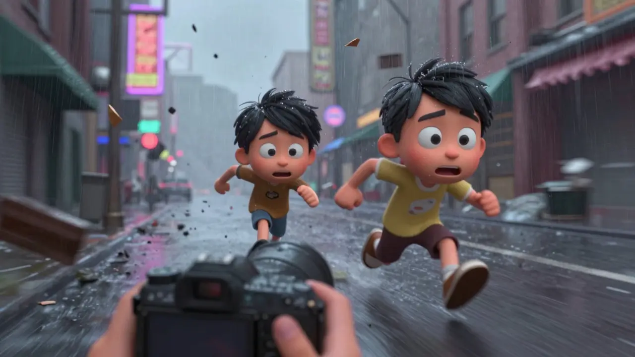 Two characters running through a rainy city, camera shake and motion blur, Pixar style