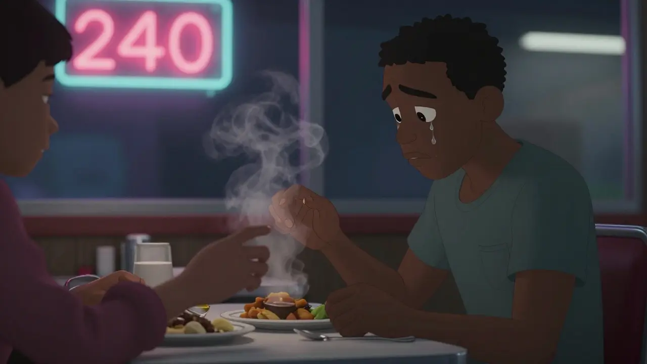 Two men reunited in a quiet diner, one crying as the other reaches out across the table.