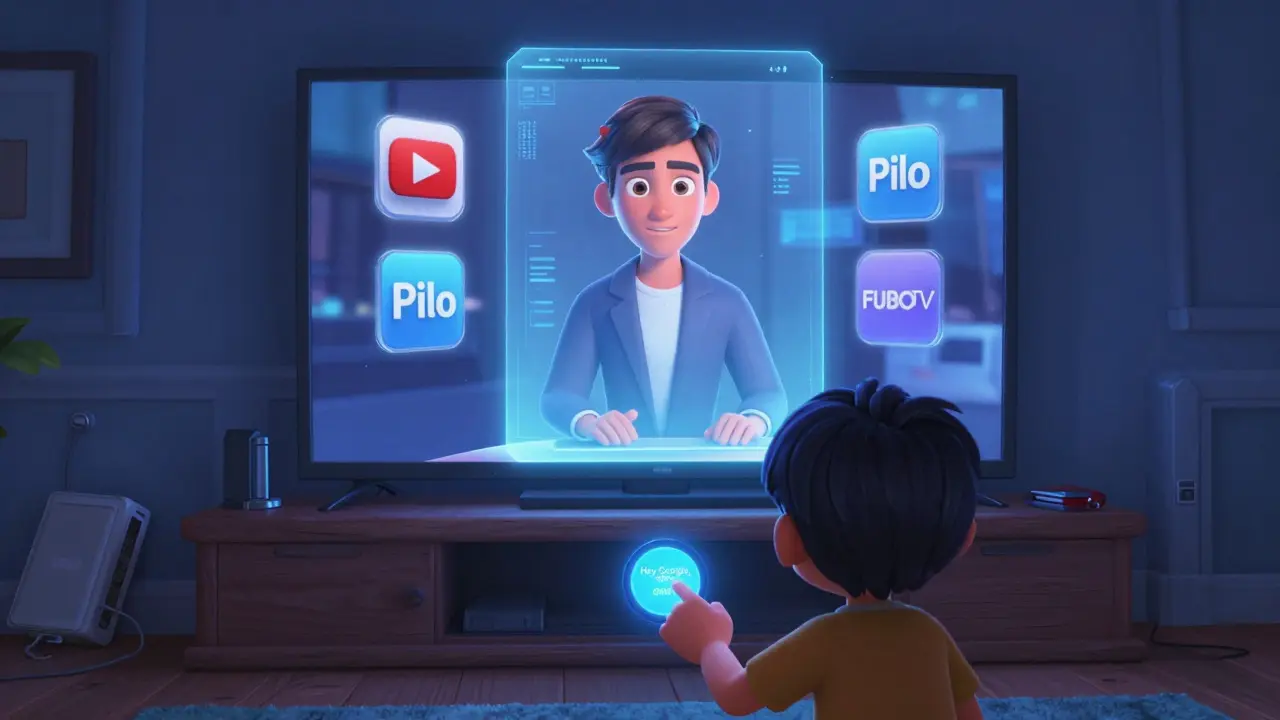 Voice-activated holographic news anchor above TV with streaming service icons nearby
