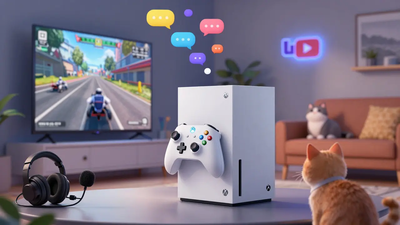 Xbox Series X streaming with chat bubbles and headset nearby in Pixar cartoon style.