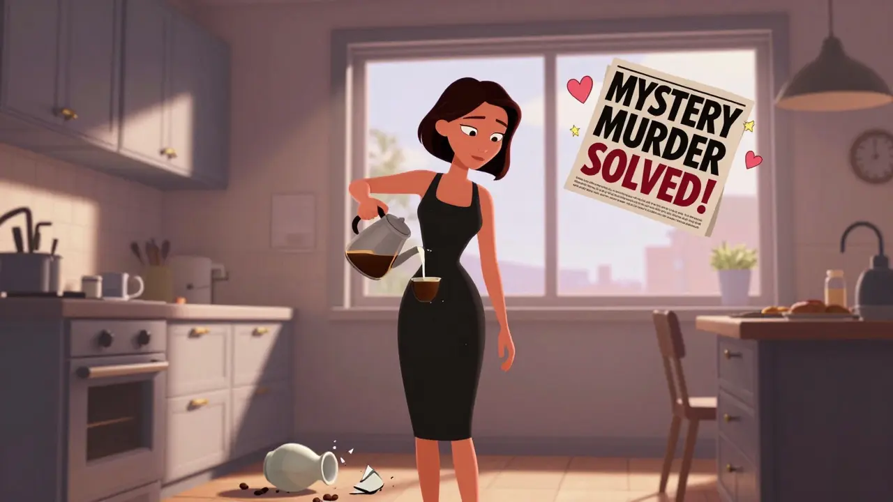 A calm woman pours coffee after trauma, while a sensational headline floats in the air outside her window.