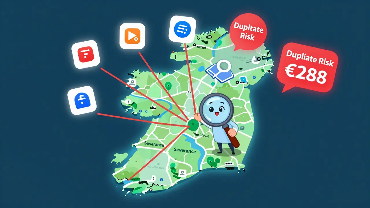 A cartoon map of Ireland showing streaming subscriptions with overlapping content and a magnifying glass highlighting duplicates.