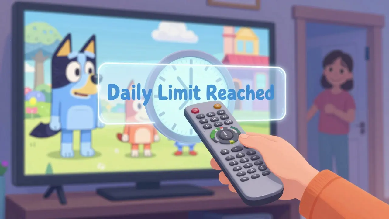 A child's hand blocked by a glowing clock barrier while approved shows play on TV.