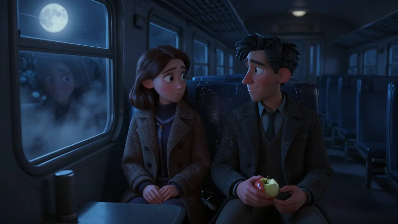 A couple on a train, the woman’s reflection shows a darker version of herself staring back.