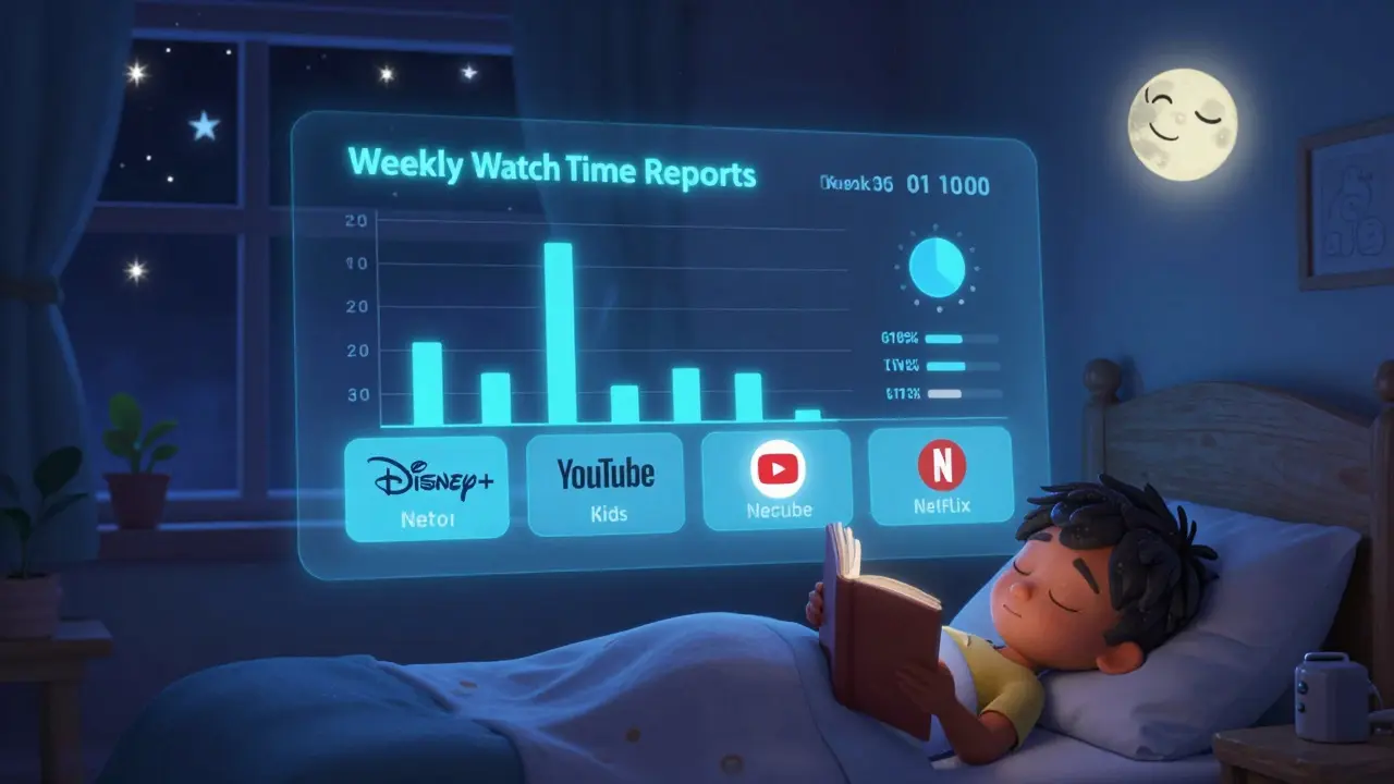 A digital watch time report floats beside a sleeping child in a cozy bedroom.