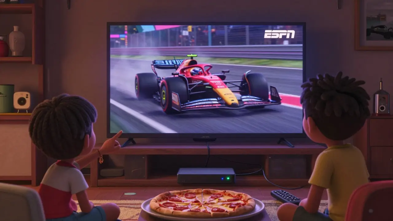 A family cheers together as an F1 race streams on their TV, lit by track lights in a warm living room.