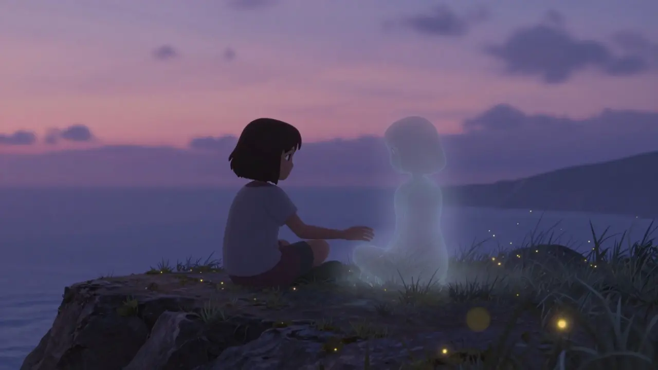 A girl sits on a cliff beside a fading translucent figure, surrounded by glowing fireflies at twilight.