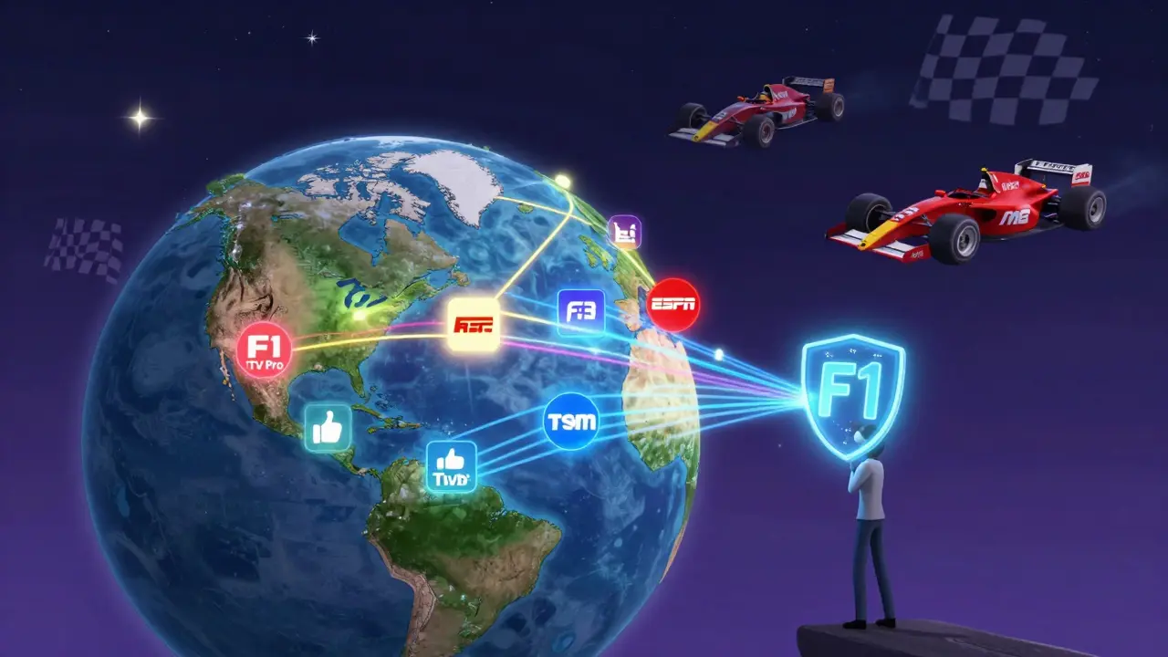 A globe shows global F1 streaming services, with a blocked VPN and classic cars floating in the night sky.