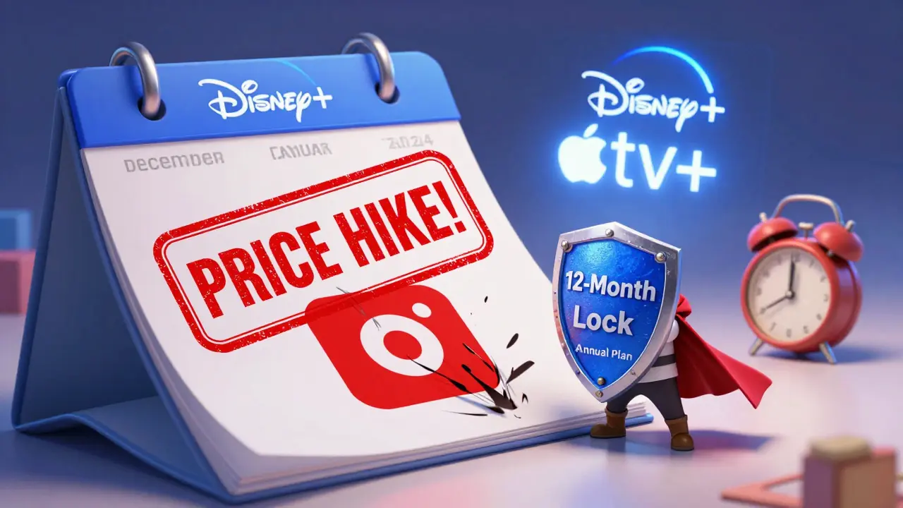 A hero with an annual plan shield blocks a price hike stamp, while Disney+ and Apple TV+ glow safely behind, in Pixar style.