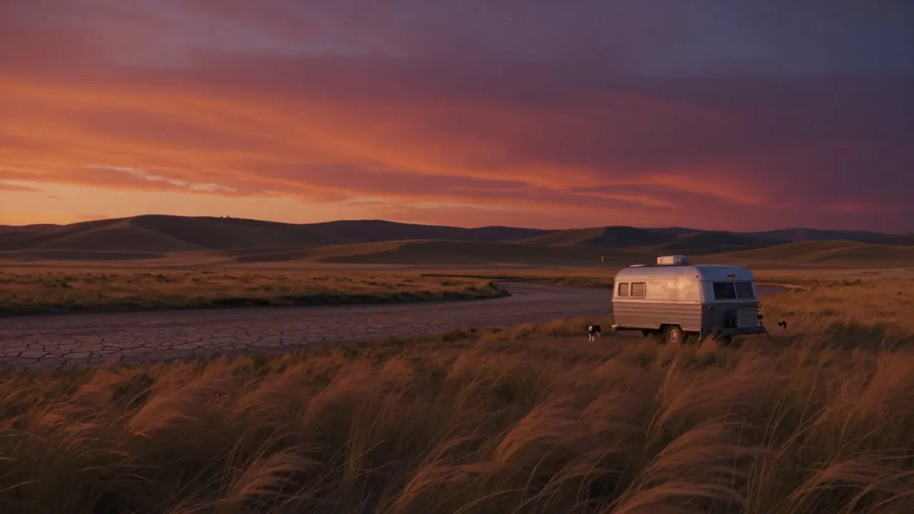 A lone trailer sits under a twilight sky on the vast American plains, wind moving the grass.