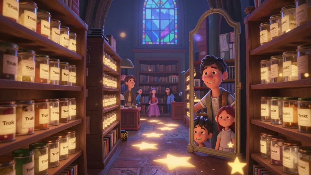 A magical library where data and memories of movies blend into glowing film canisters and starlit paths.