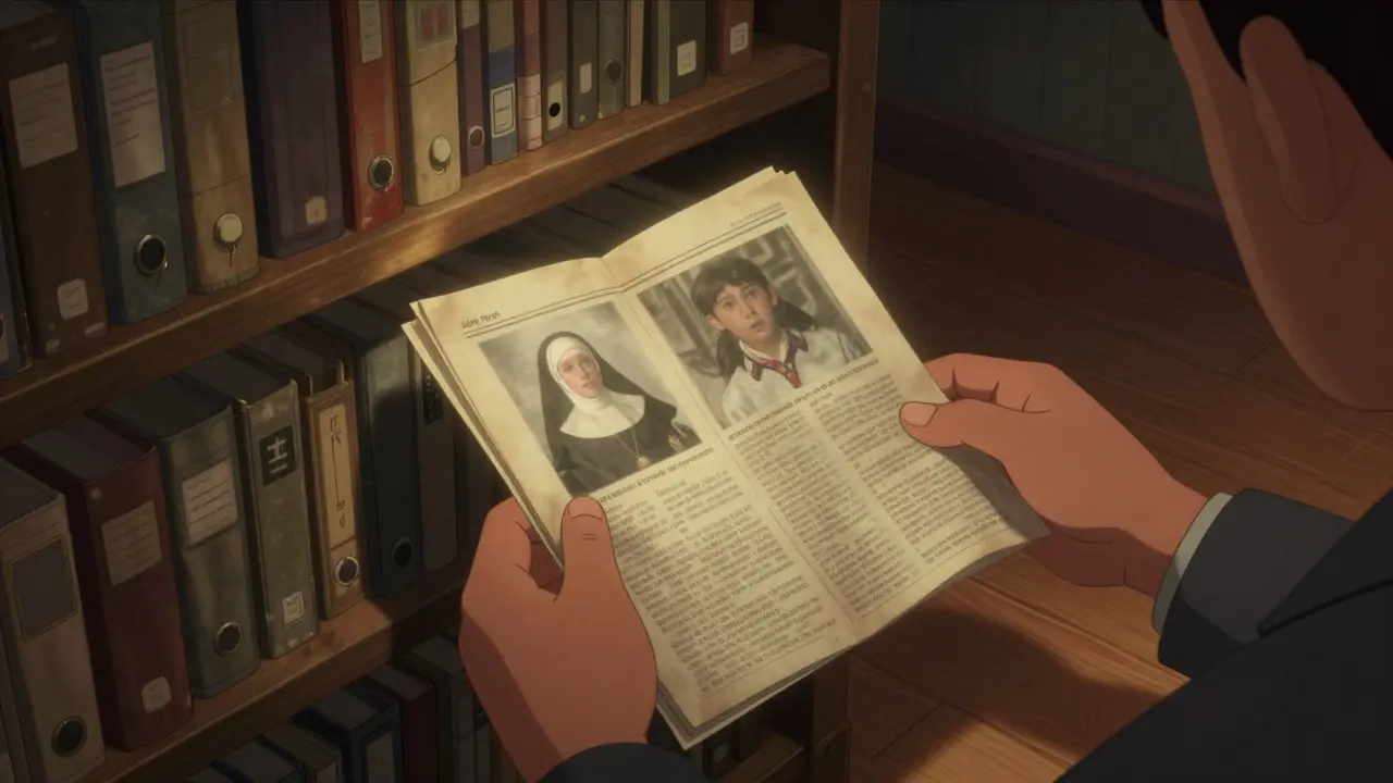 A person examining old police files in a quiet, dimly lit library.