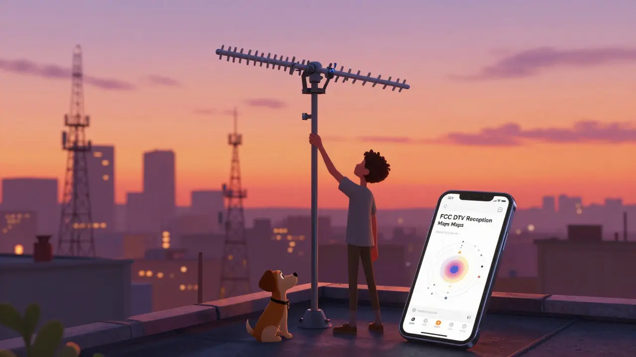 A person mounting an outdoor TV antenna on a rooftop at sunset, with a city skyline and broadcast towers in the distance.