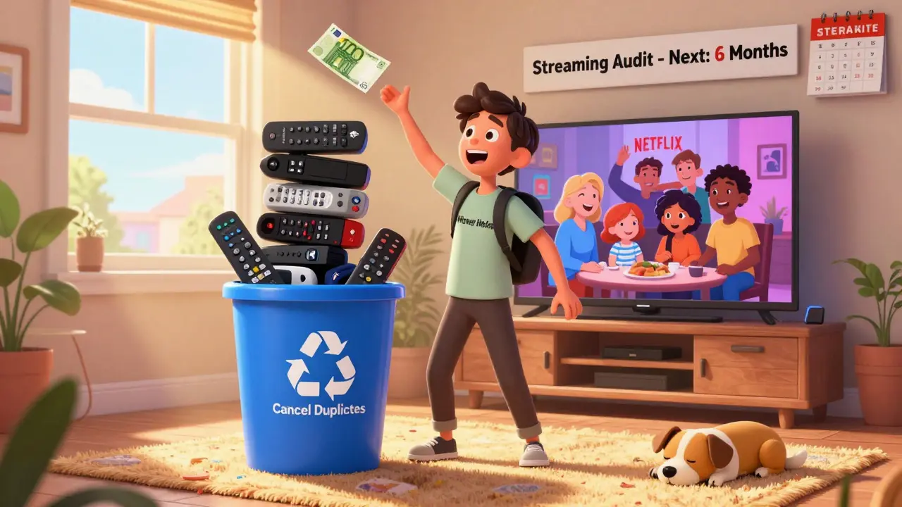 A person throwing away unused streaming remotes into a bin while watching Netflix with a savings bill floating nearby.