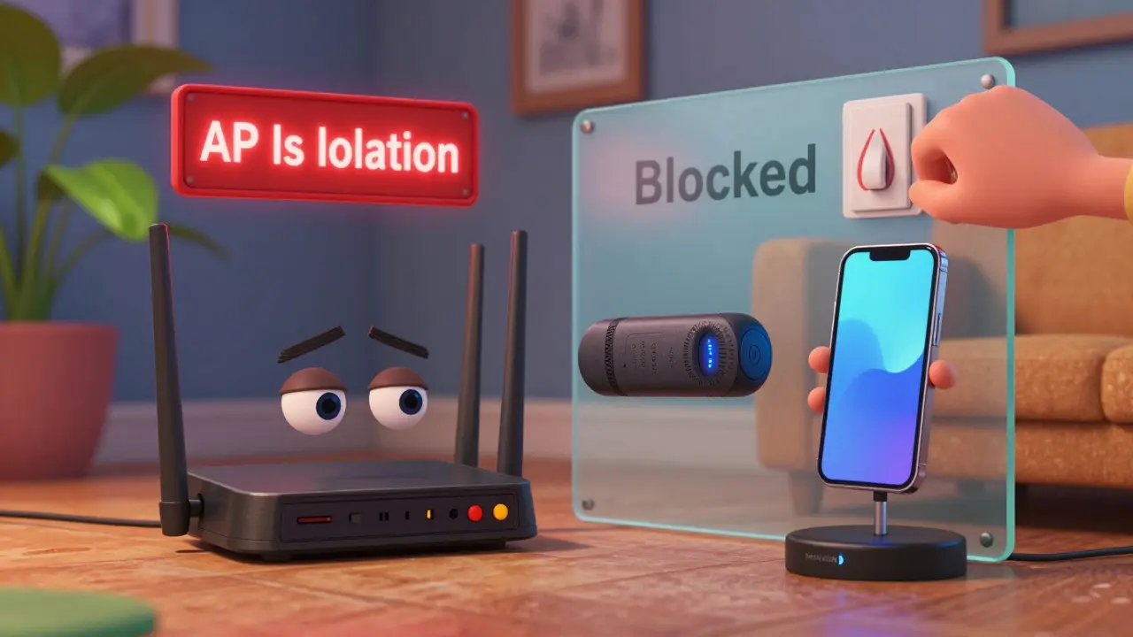 A router with a frowning face blocking device communication, with a hand turning off AP isolation.