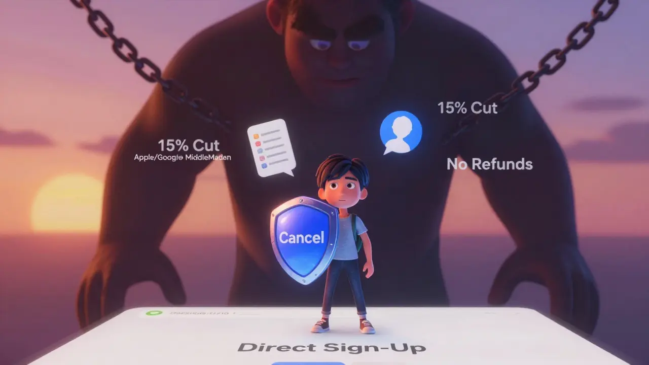 A small user stands strong on a website platform, facing a shadowy middleman with chains labeled '15% Cut'.