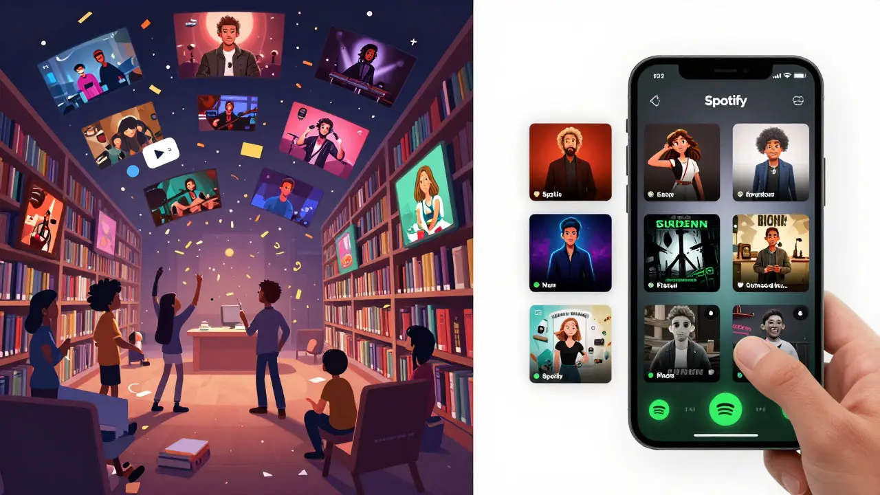 A split scene showing chaotic music video discovery on one side and clean, curated videos on the other.