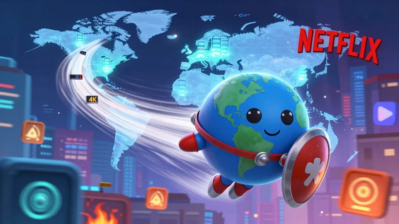 A superhero globe flying through digital firewalls to deliver smooth streaming to a world map.