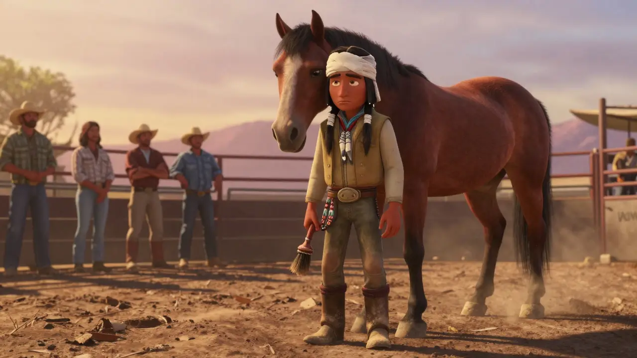 A young man with a bandaged head gently holds a brush, his horse standing close in a dusty arena.