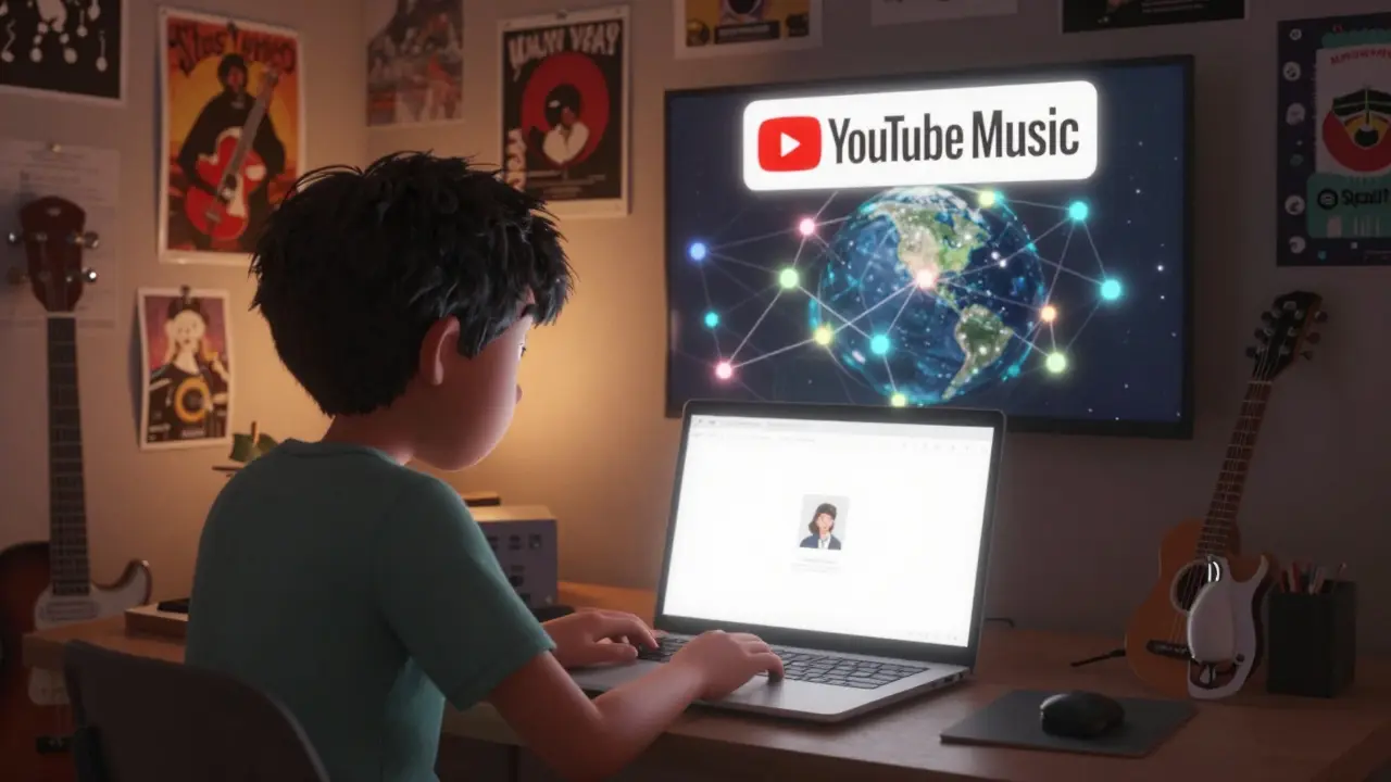 An indie artist uploading a video as global connections light up, with YouTube Music prominently featured.