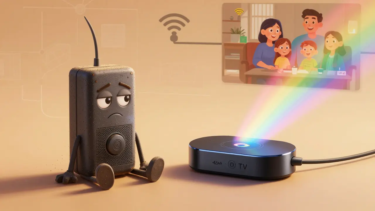 An old Chromecast next to a shiny new one, symbolizing upgrade, in Pixar animation style.