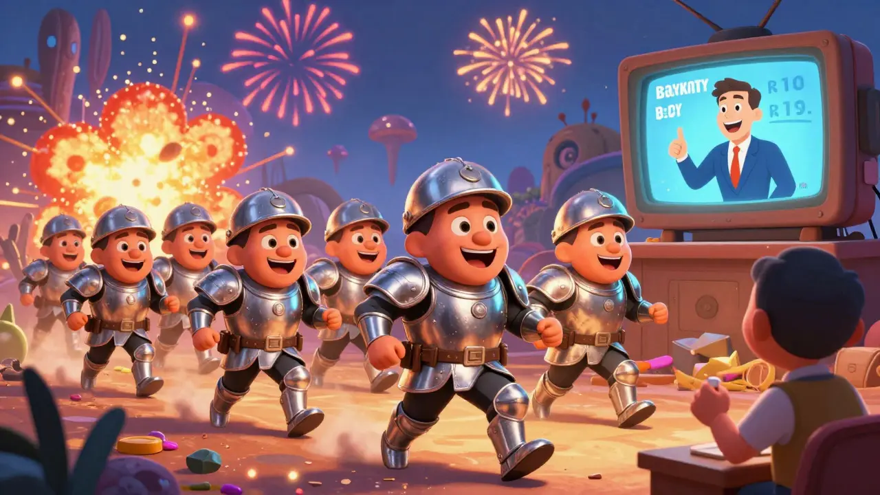 Cheerful soldiers charge through an alien battlefield as a vintage news narrator praises their violence.