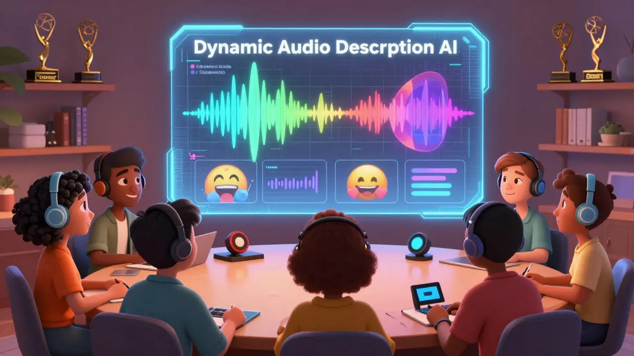 Diverse avatars in a virtual community meeting, celebrating accessibility with a glowing AI audio description screen.