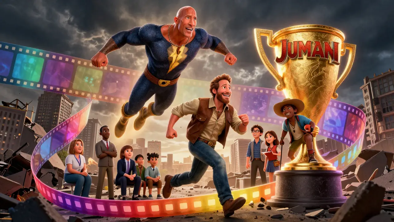Dwayne Johnson in three roles floating on a film strip trophy, Pixar style