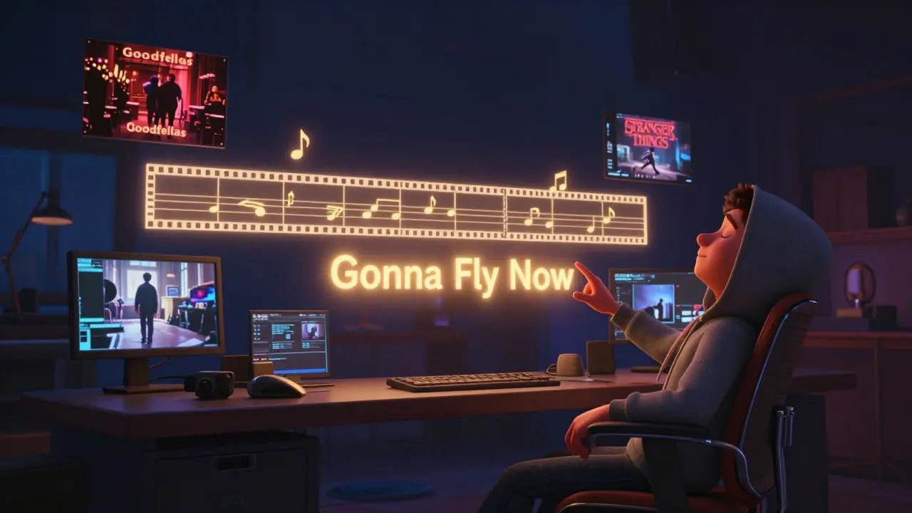 Editor watching a floating musical timeline snap cuts to film clips in a dark studio.