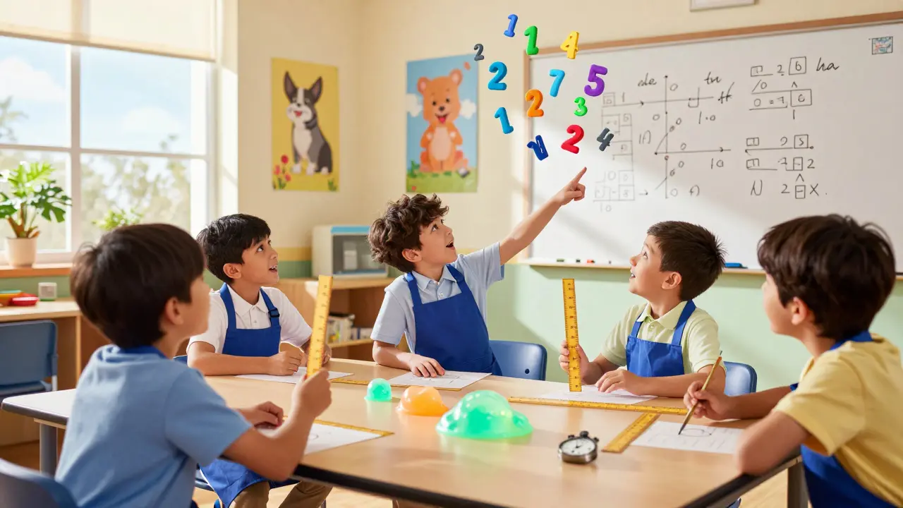 Elementary kids conducting a fun math experiment with glowing blobs and measuring tools in a bright classroom.